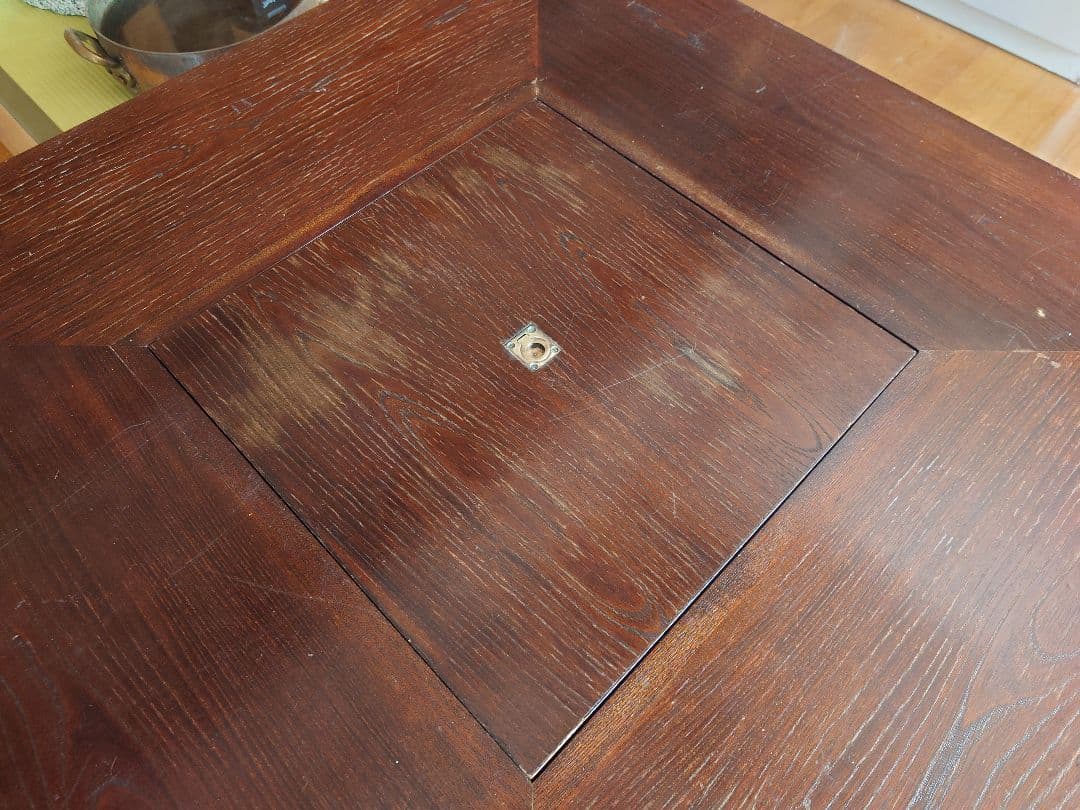 九州民芸家具　火鉢炉付卓子回転台付　ダイニングテーブル　銅製火床　囲炉裏テーブル