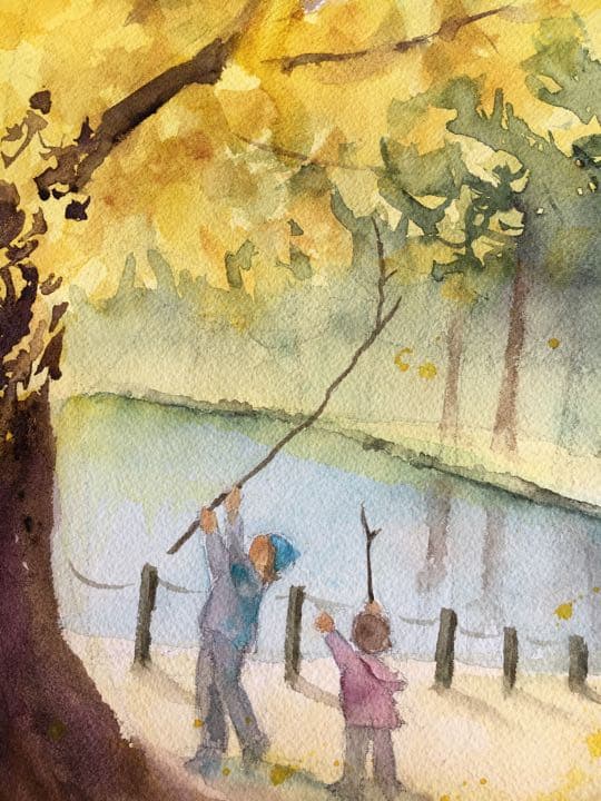 水彩画原画風景画称名寺　金の森の子どもたち