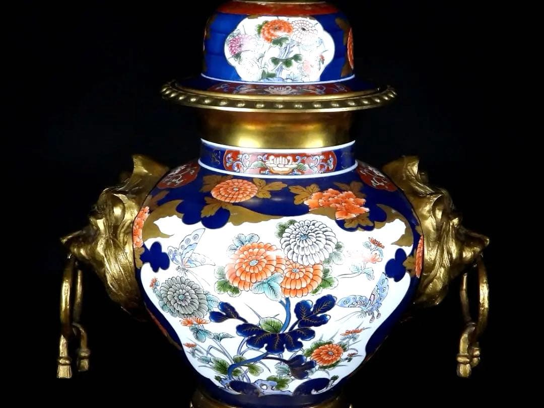 古美術 有田焼 色絵 花鳥紋 銅製 獣耳遊環 四足 燭台/高さ約103.6cm