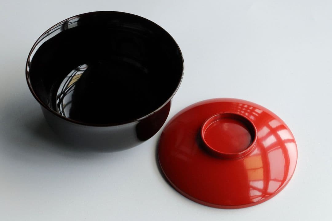 CK82 塗師 辻石斎 盃蓋吸物椀 四客 朱塗 黒塗 波に鳥 金蒔絵 木製漆器