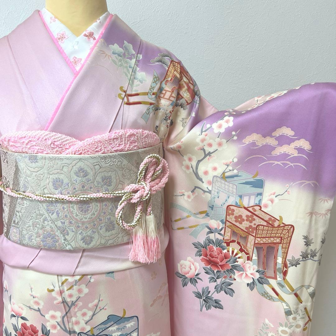 392 振袖フルセット 正絹 薄桃 薄紫 白 ピンク ラベンダー 金彩 暈し染め