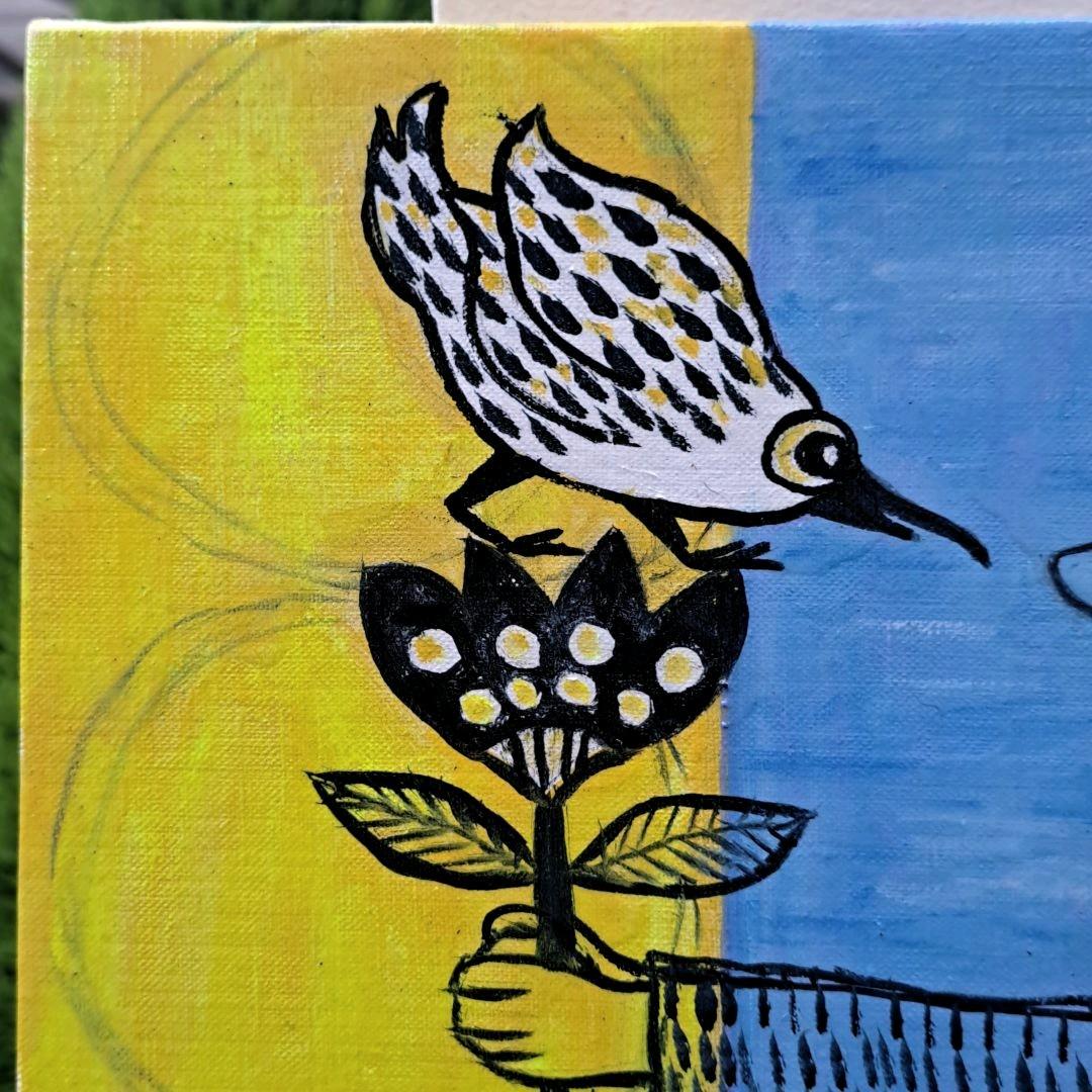 キャンバス油絵　専用　鳥とお花とおじさんと