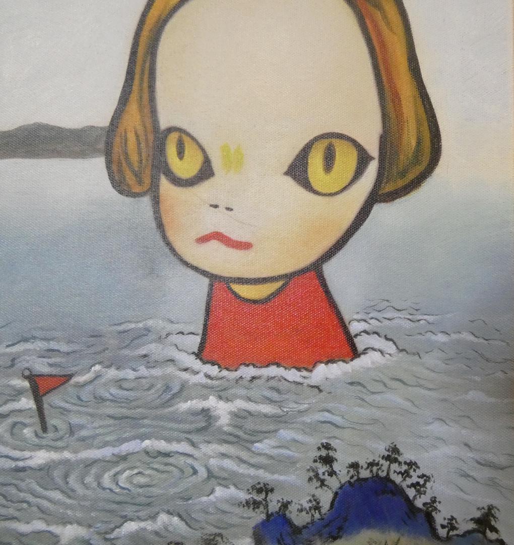 油彩画 奈良美智 「風景、人物」サイン F4 額装済み 肉筆手描き