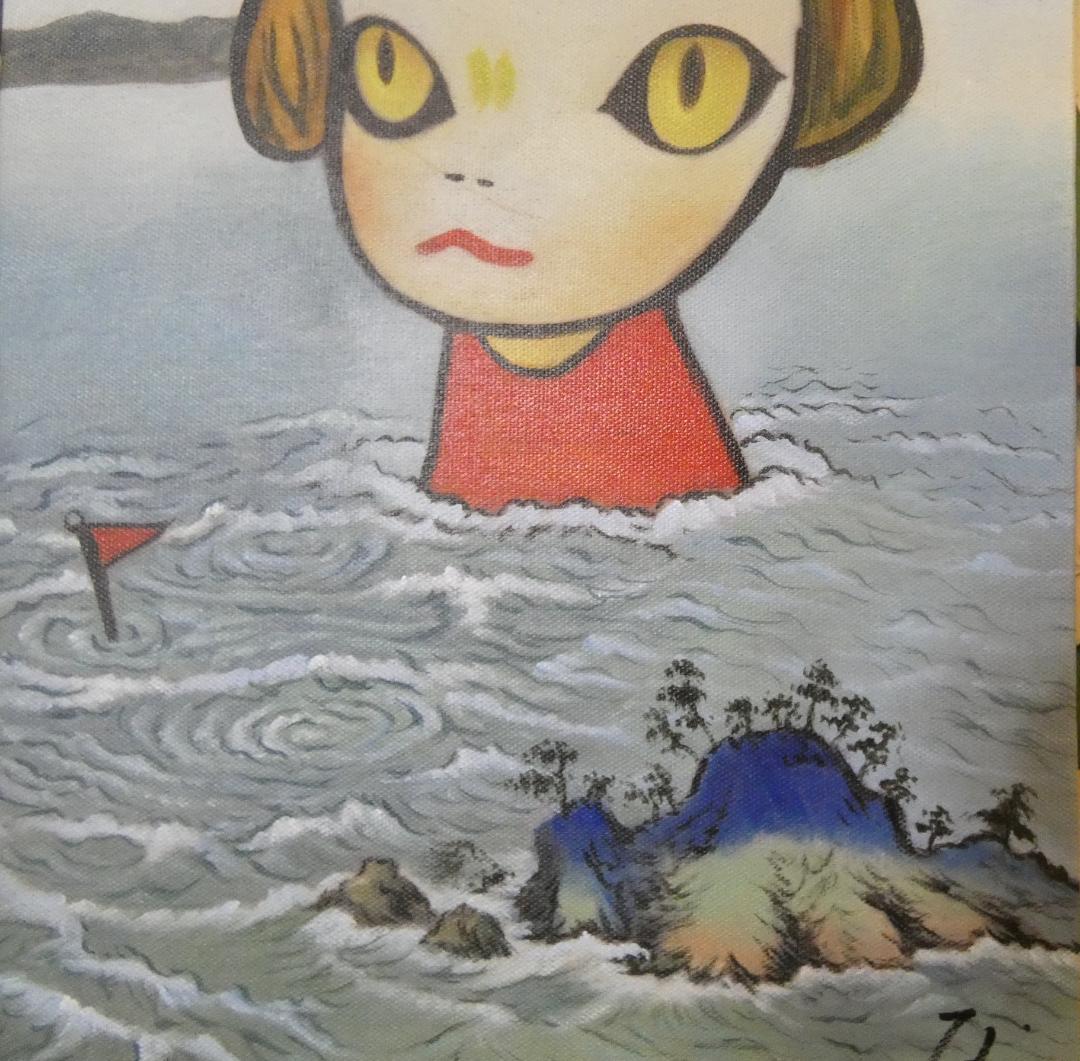 油彩画 奈良美智 「風景、人物」サイン F4 額装済み 肉筆手描き