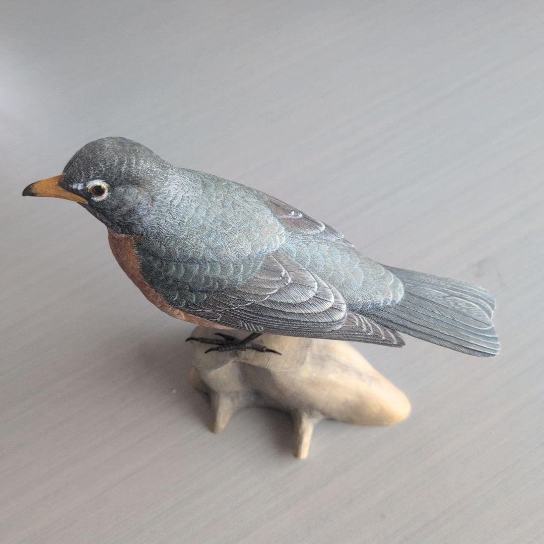 リアル木彫り　コマツグミ(アメリカン　ロビン) 野鳥彫刻 バードカービング