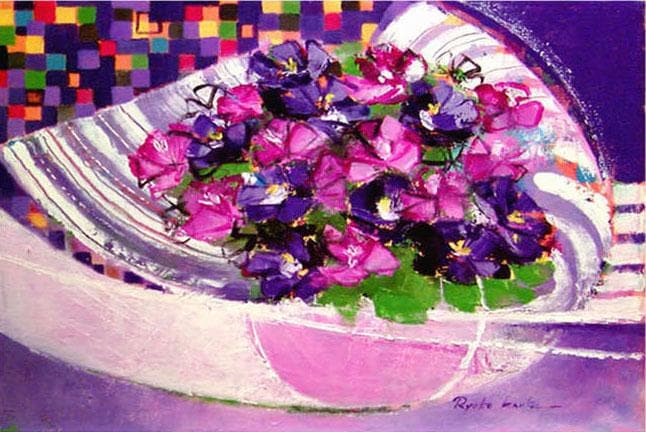 油絵 菅家令子 インテリア 額付(白) uF6-062304 花