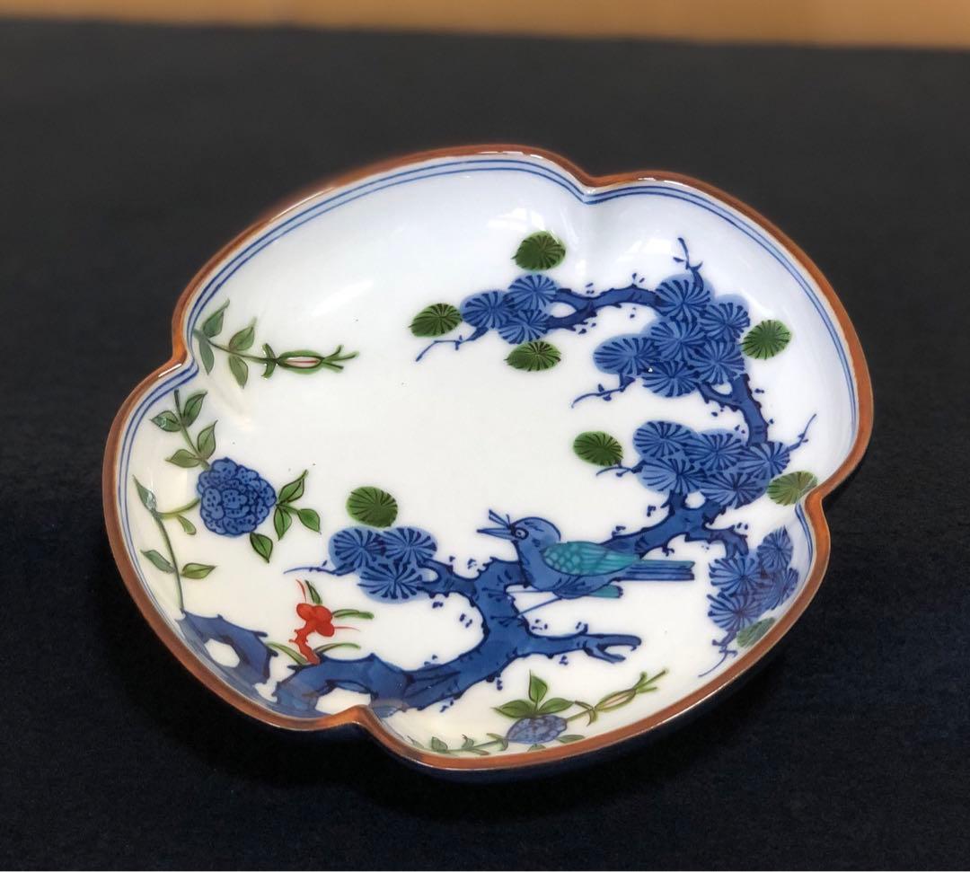 《レ》有田焼 源右衛門作 染錦松花鳥 木瓜 銘々皿5客 251127お1