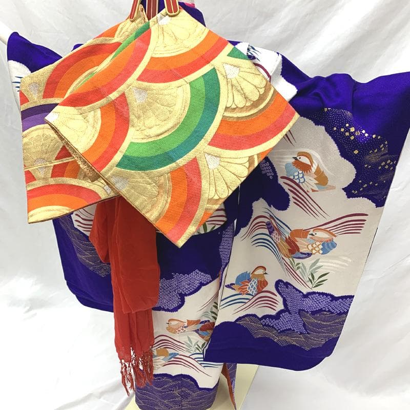 512ag64帯揚げ帯締め□七五三 七歳 女児 着物&袋帯 鴛鴦 絞染め