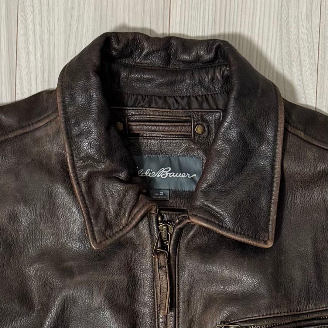 00s Eddie Bauer 牛革 レザージャケット ブラウン XL