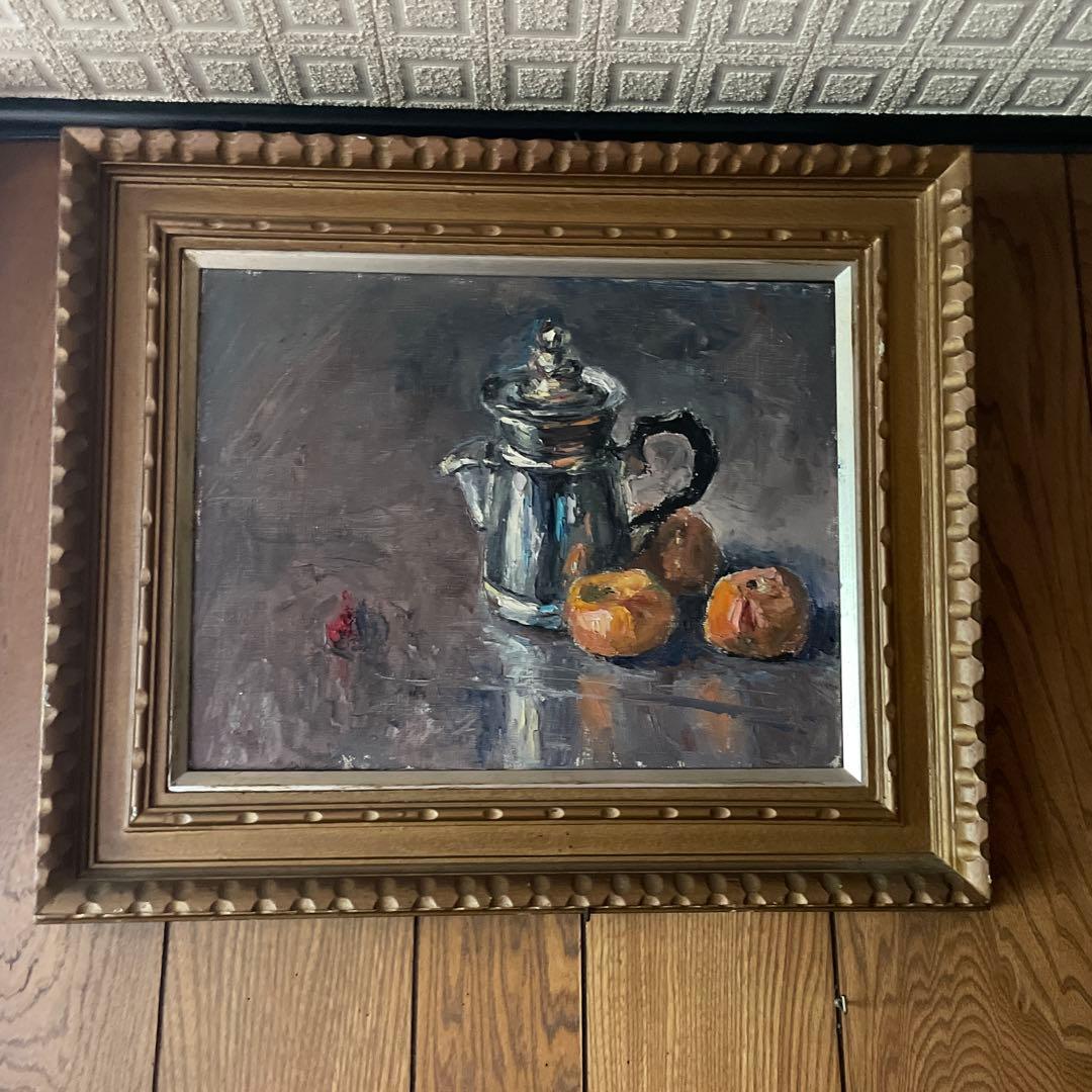 油彩画 コーヒーポットと果物