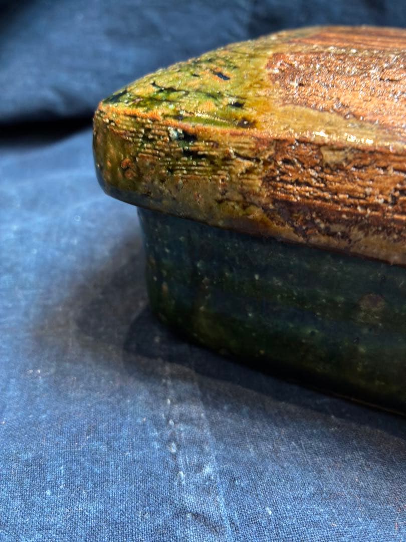 岩井窯　山本教行　蓋物　菓子器　織部釉　傷無 15×15センチ×高さ7センチ