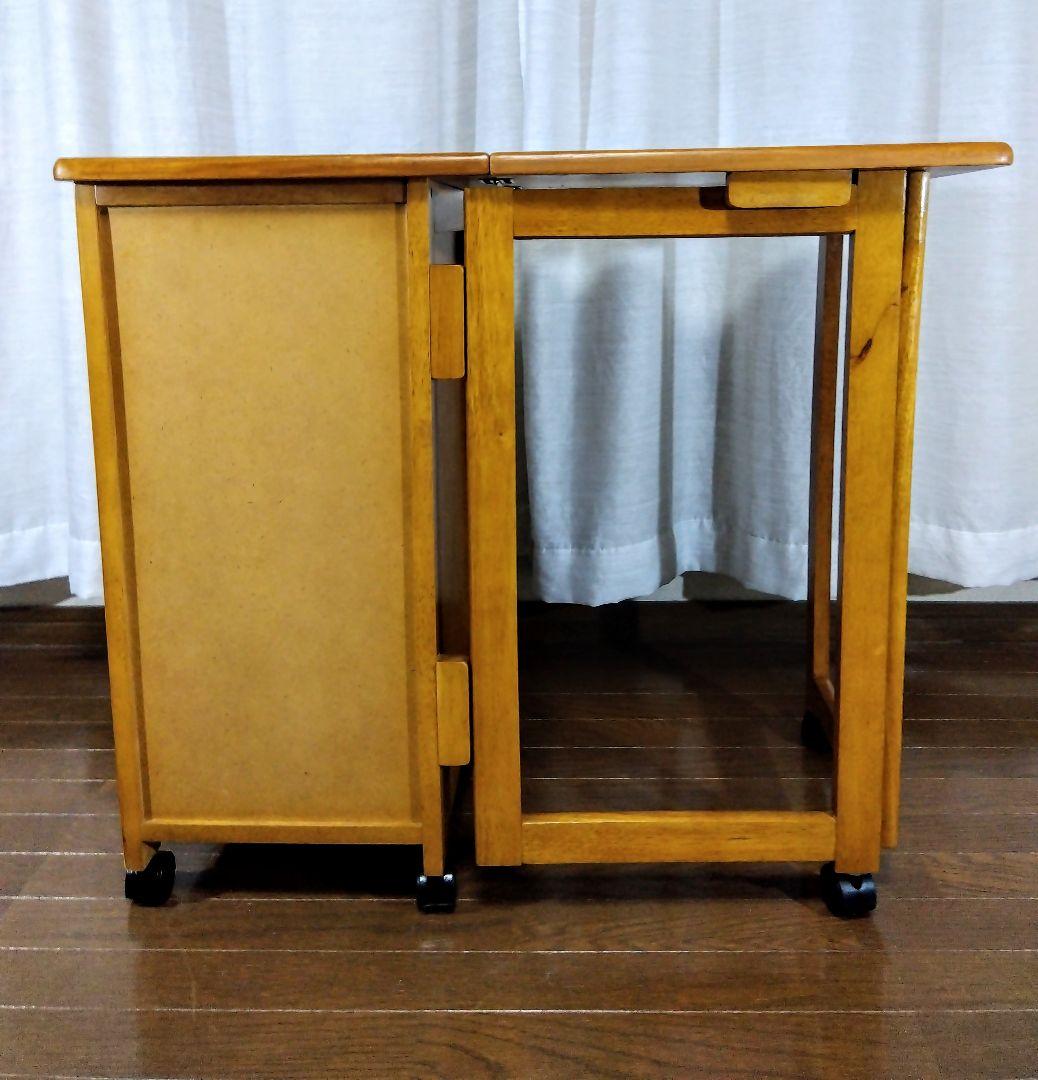 【アンティーク】収納付折畳デスク　多機能サイドテーブル　（キャスター付）匿名配送