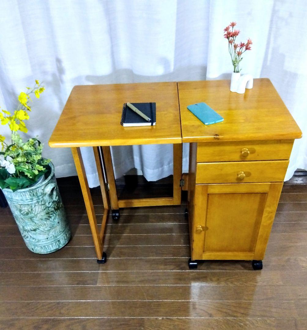 【アンティーク】収納付折畳デスク　多機能サイドテーブル　（キャスター付）匿名配送