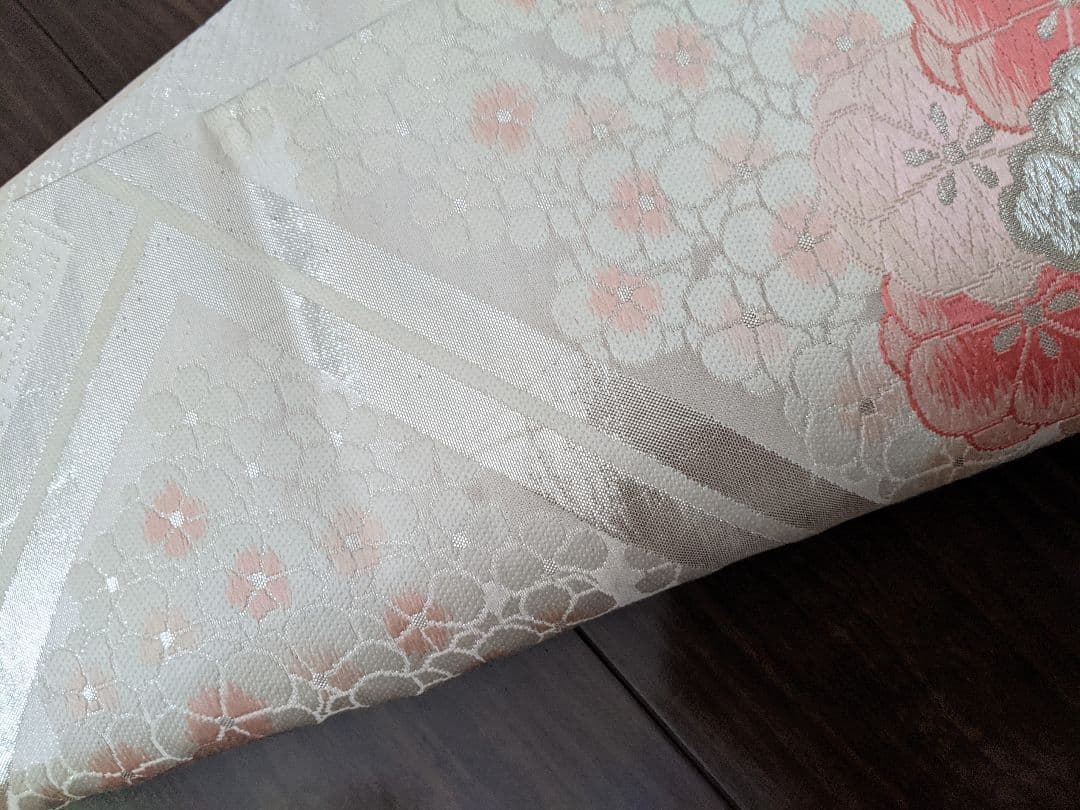 七五三　ジュニアサイズ　大人用袋帯からの作り帯　二部式　子供　着物　白銀ピンク系