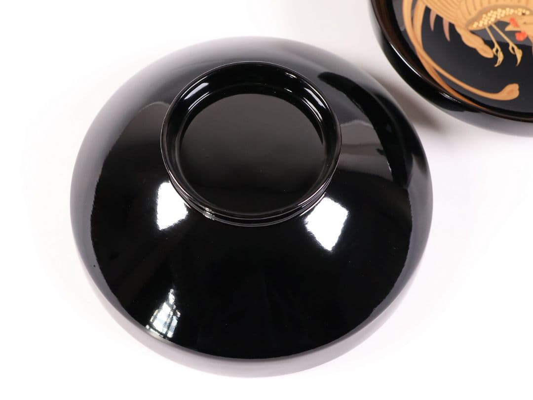 【CM403】天然木漆塗 菊桐鳳凰金蒔絵 黒塗 吸物椀 1客 昭和期 木製漆器