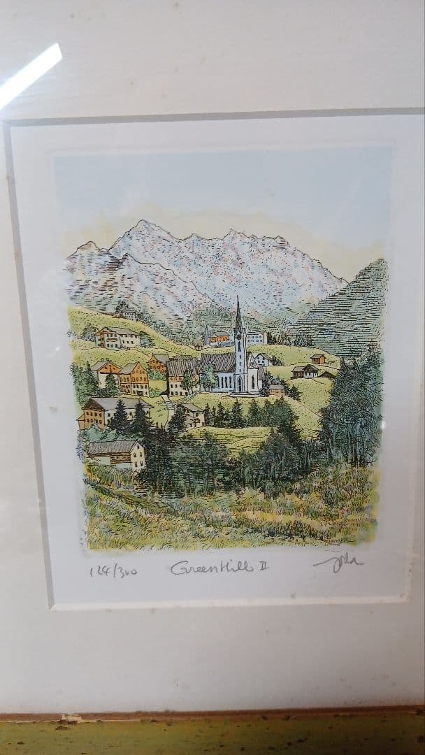 絵画 額縁 版画 織田 義郎 緑の丘　リトグラフ 124/300 美術品