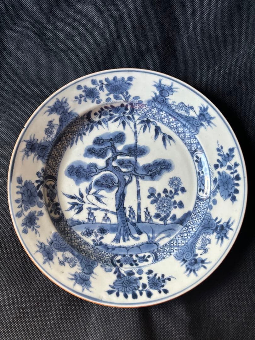 中国古美術 清の乾隆時代 青花　松竹 大皿23cm　染付