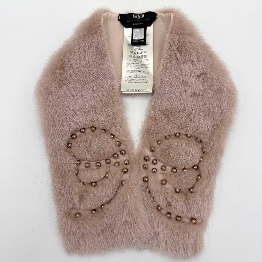【極美品】フェンディ ティペット ミンクファー 毛皮 スタッズ リボン ピンク