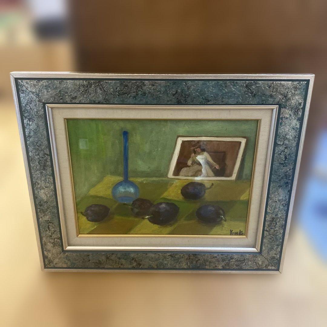 油彩　油絵　絵画　プルーン　果物　洋画　静物画　額縁　シルバーフレーム　f4