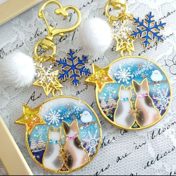 ☆雪傘と白雪キツネ☆　他レジンキーホルダー計4点