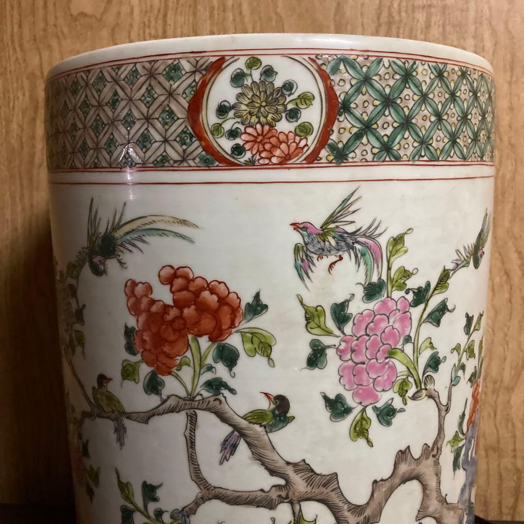 中国　色絵　粉彩　筒瓶　花鳥図　大明嘉靖年製