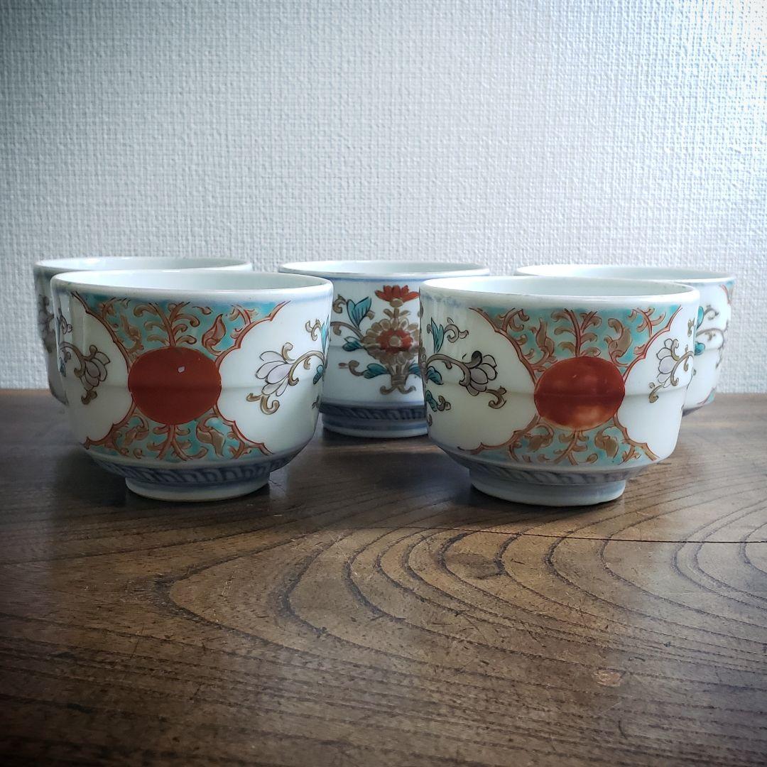 蕎麦猪口　向付　5客　古伊万里　変わり形　赤玉　花束　唐草　色絵付　金彩　ニュウ