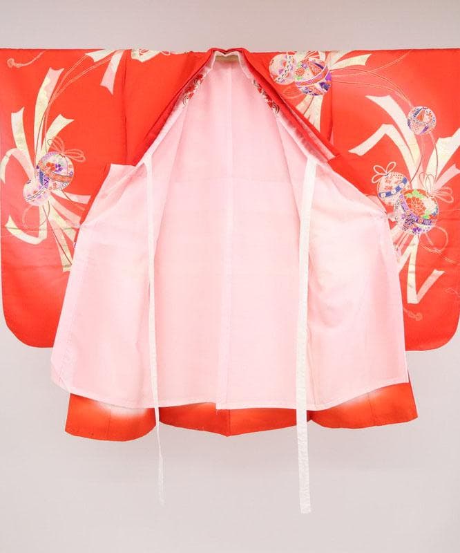 七五三着物11点セット7歳 女の子　束ね熨斗に鞠　子供着物　赤 化繊 11RR2