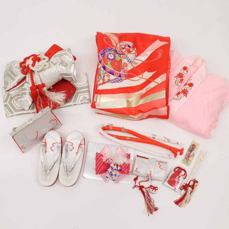 七五三着物11点セット7歳 女の子　束ね熨斗に鞠　子供着物　赤 化繊 11RR2