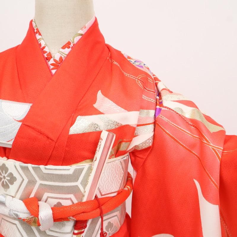 七五三着物11点セット7歳 女の子　束ね熨斗に鞠　子供着物　赤 化繊 11RR2