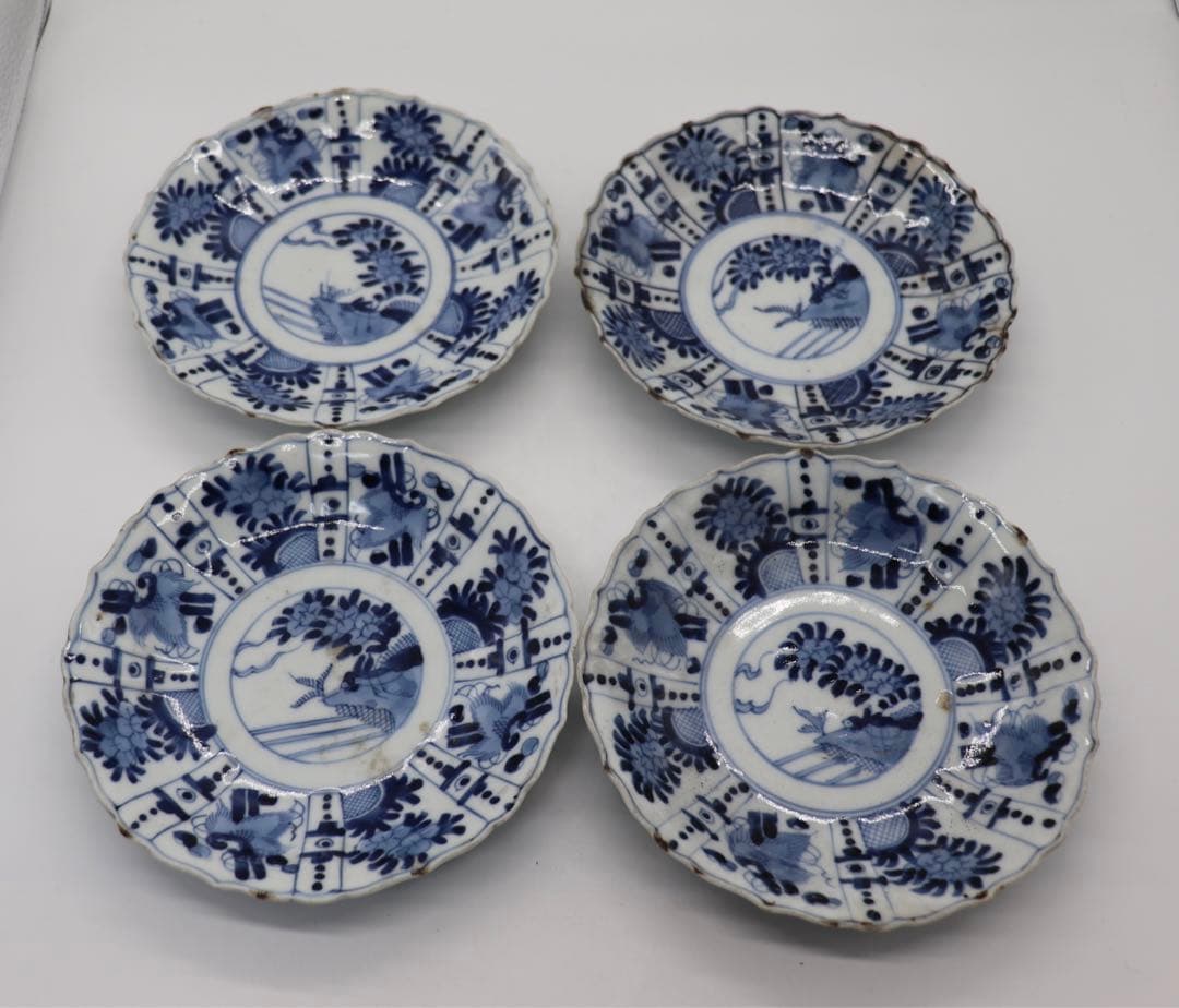 中国　明時代　染付花卉昆虫紋花口皿4点　送料込み0201