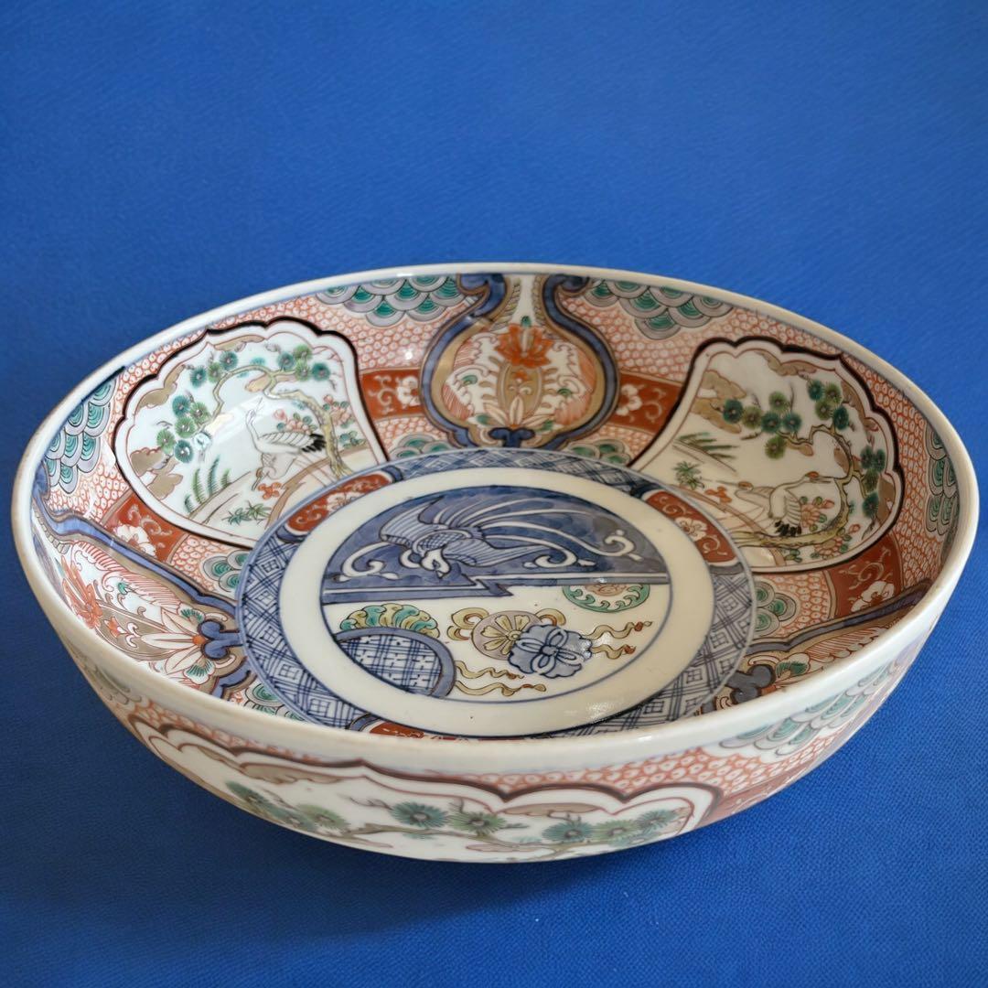 古伊万里 骨董品 大鉢 大皿 大深鉢 色絵 陶器 明治 鳳凰 花 飾り皿