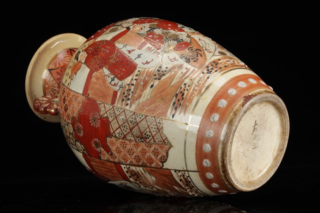 九谷焼 古九谷 赤絵金彩人物図双耳花瓶 飾壺 29㎝ 共箱 時代 古美術 骨董品