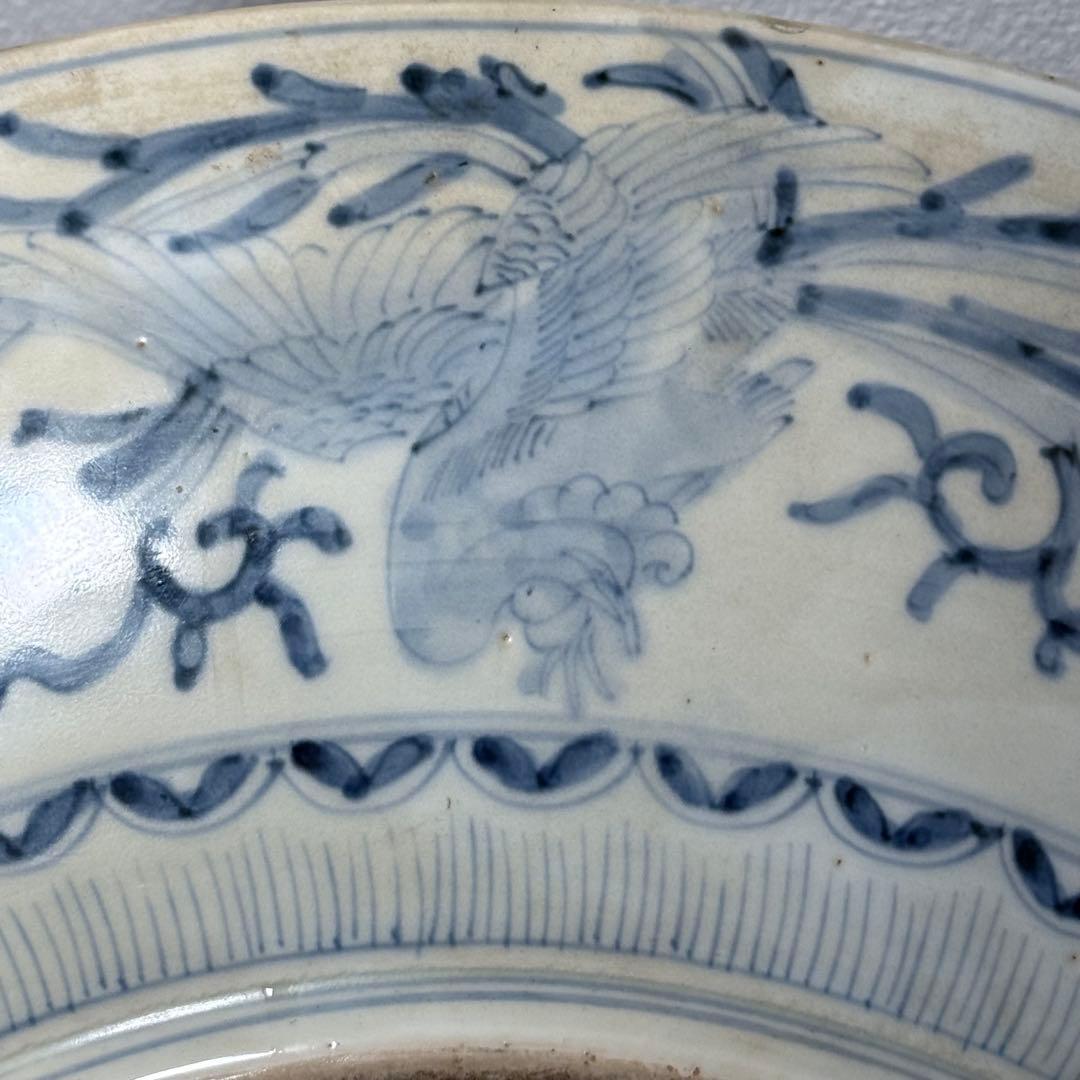 古伊万里　大皿　色絵三方松鶴図大皿　　太明成化年製　裏鳳凰と桐花図