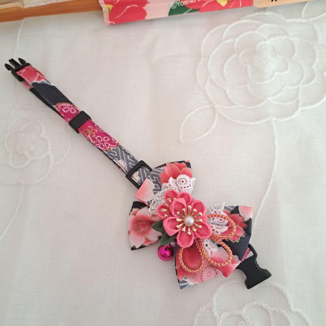お正月、つまみ細工リボン(黒③)わんちゃん猫ちゃん用首輪