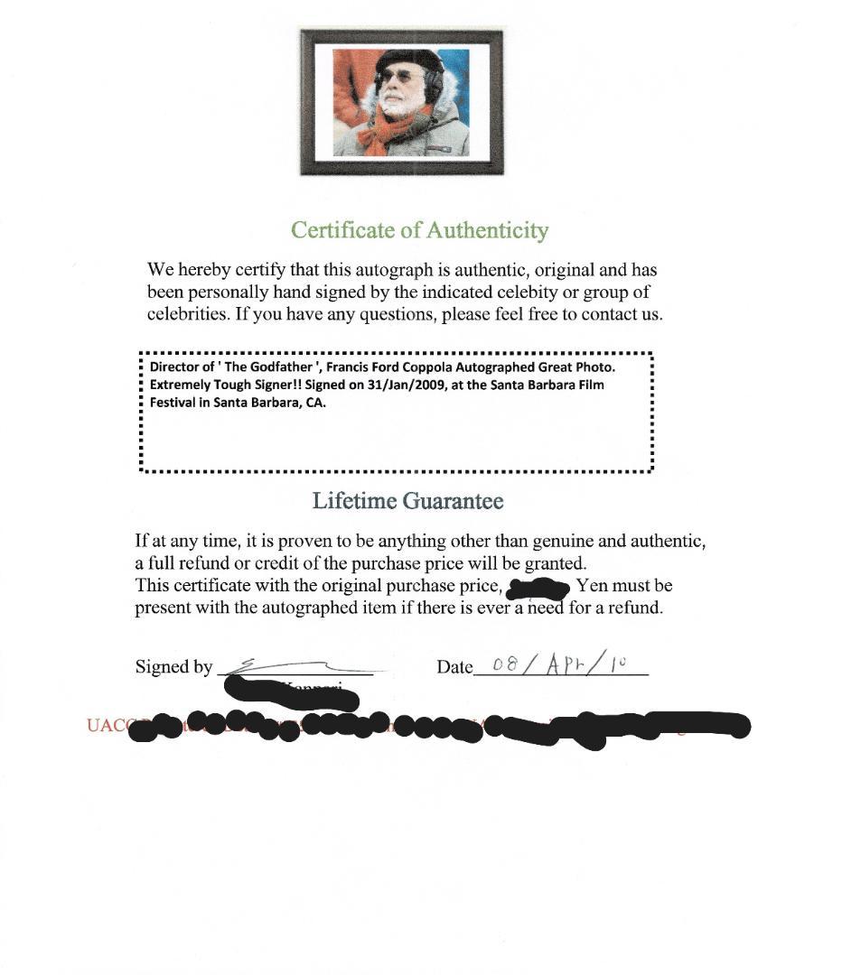 コッポラ監督　直筆サインポートレート　証明書付き ＊プレゼントに＊＊