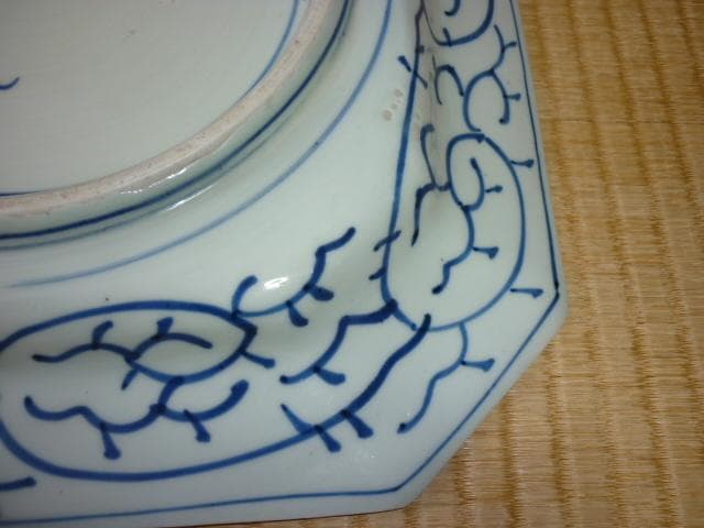 ◆美品 江戸後期！古伊万里 落款『三元』牡丹/雷文/花模様/唐草 八角染付角皿