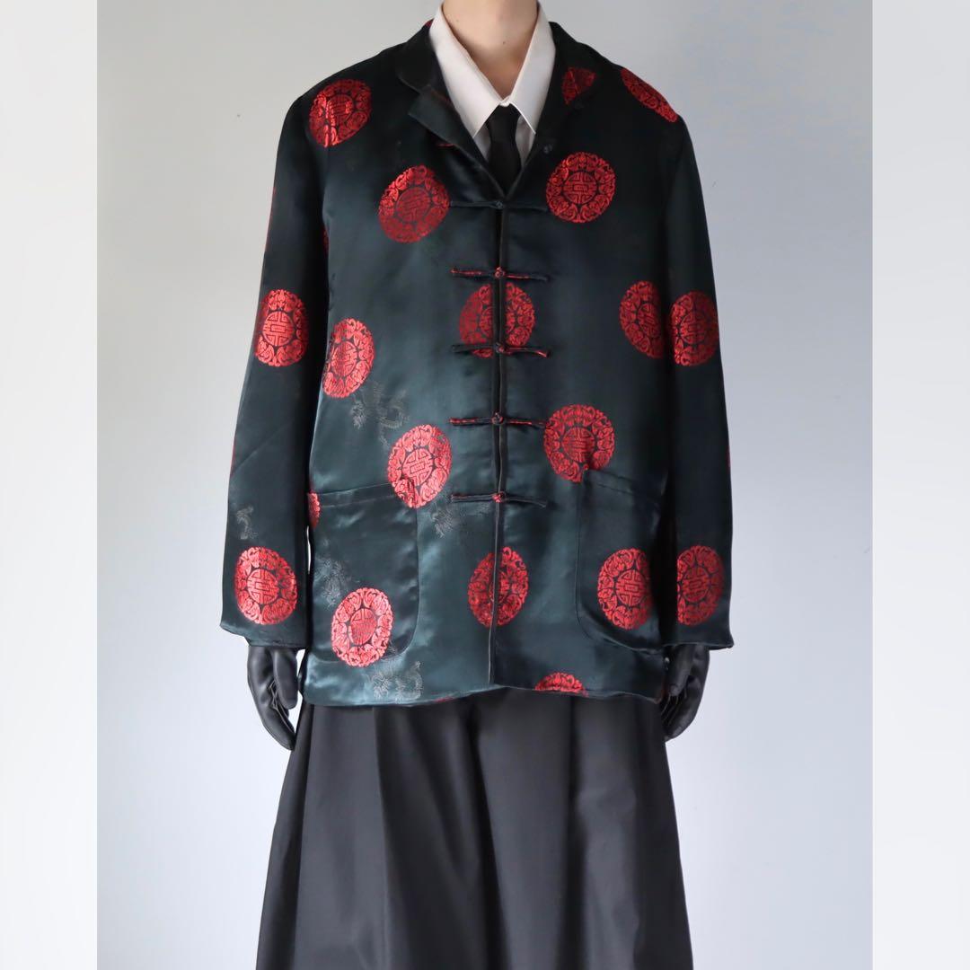 90s archive ブラック チャイナブルゾン 厚手 サテン アウター 黒色