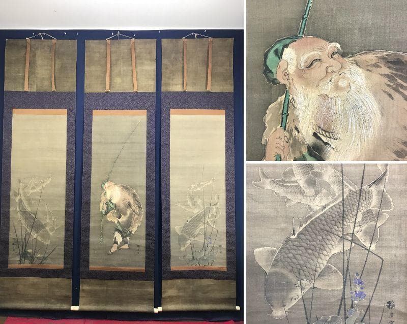 黒田稲皐/太公望/群鯉図/三幅対/花鳥図/人物図/掛軸/名家伝来/AD-896