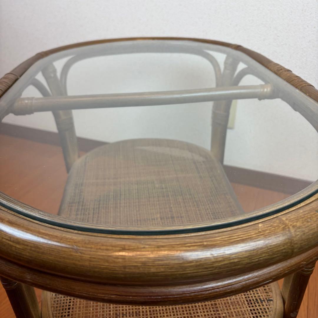 送料無料 ラタン製ガラス天板サイドテーブル アンティーク ヴィンテージ 天然木