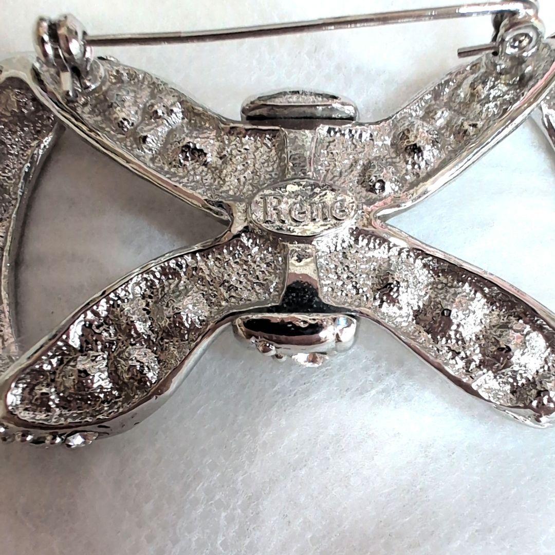 未使用級✨ルネ リボンモチーフブローチ クリスタルビジュー シルバー