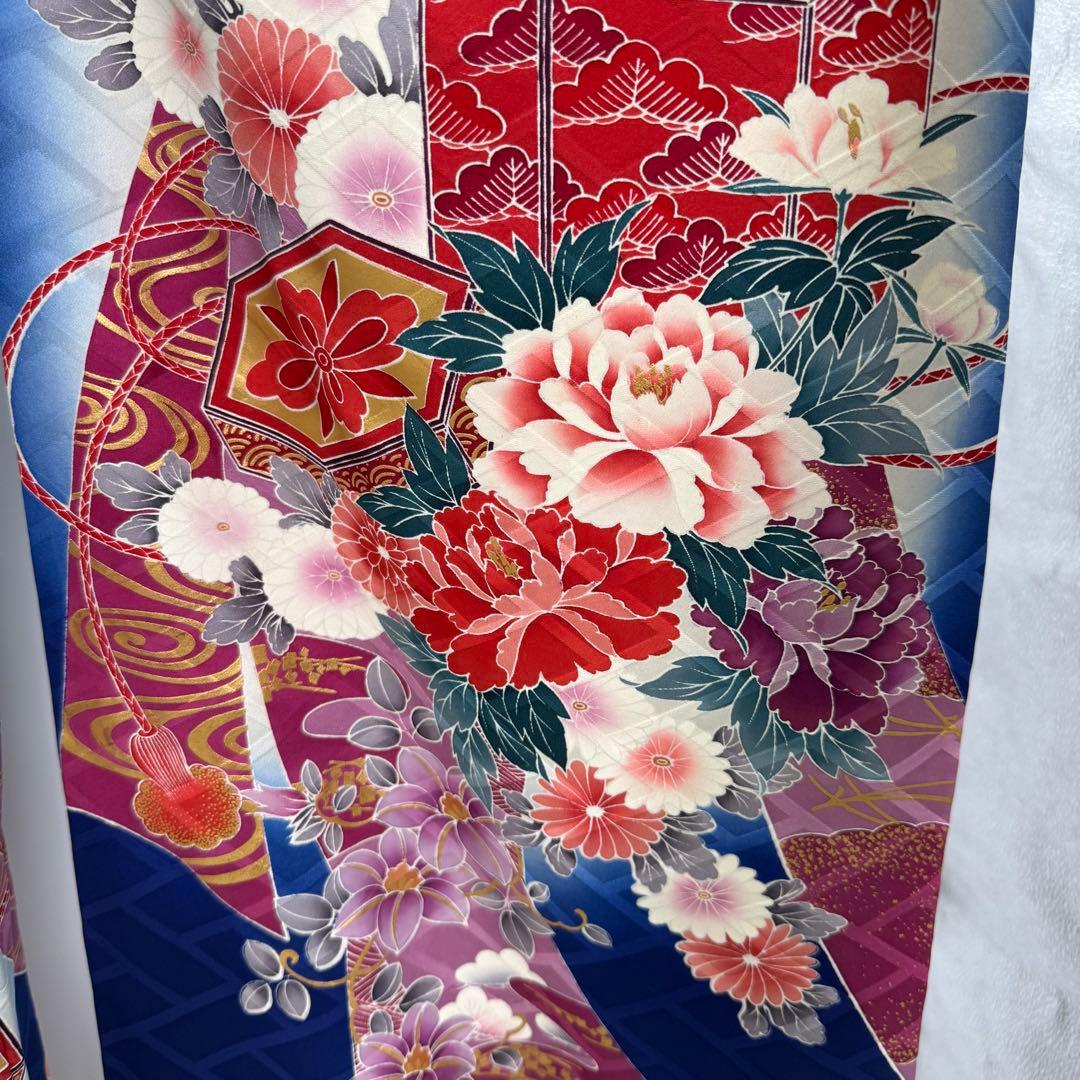 振袖豪華9点フルセット　青系　金駒刺繍　金彩　牡丹　貝桶　成人式　結婚式