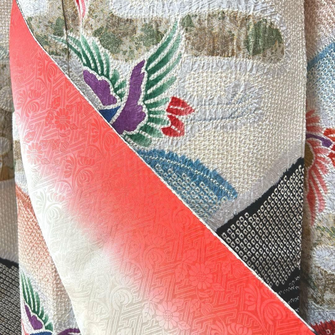 390 振袖フルセット 正絹 絞り 白地 黒 赤 緑 多色 カラフル 金彩