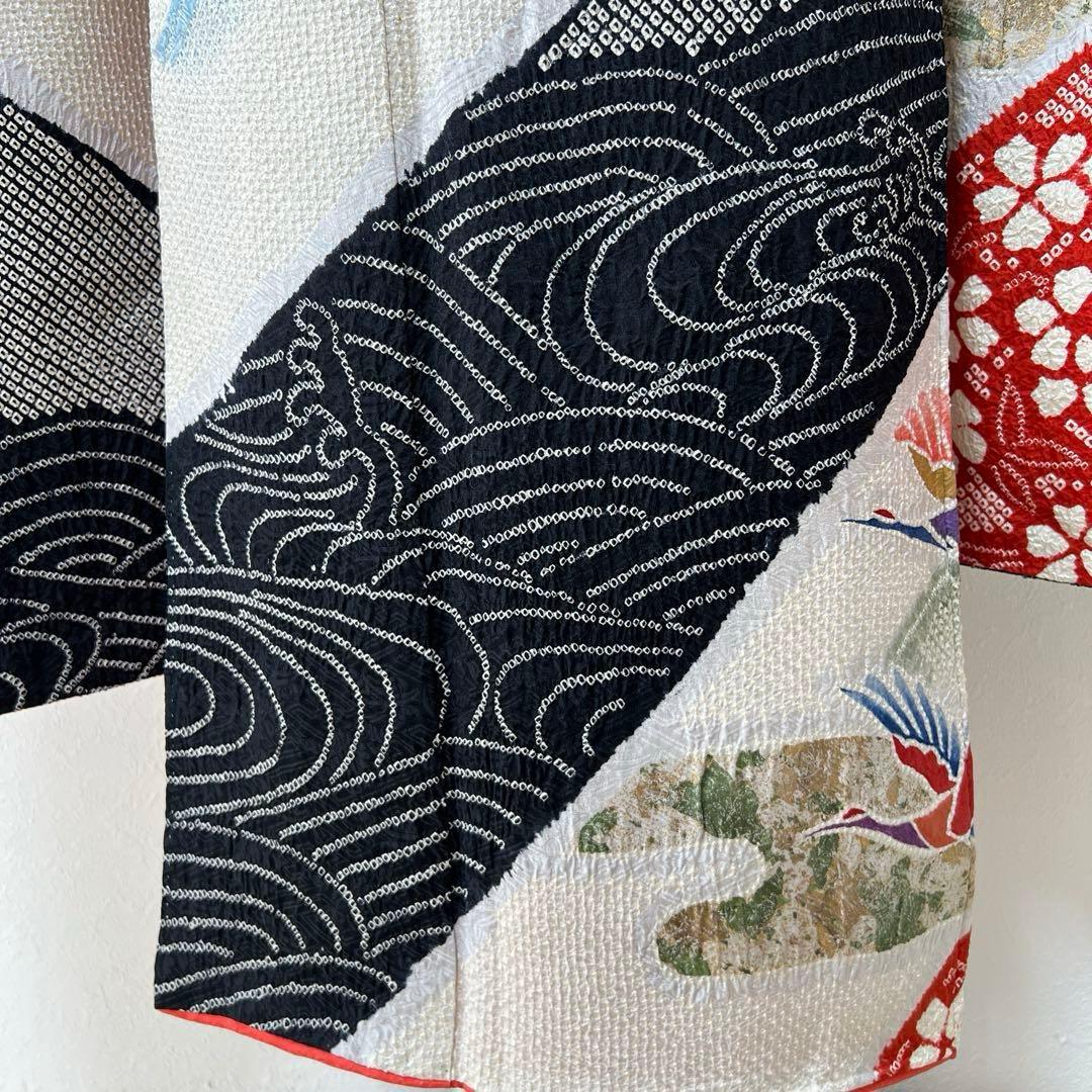 390 振袖フルセット 正絹 絞り 白地 黒 赤 緑 多色 カラフル 金彩