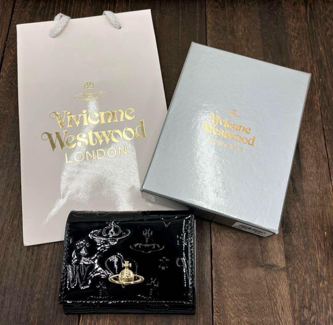 新品未使用　ヴィヴィアンウエストウッド 三つ折財布　黒　エナメル　がま口　⑦