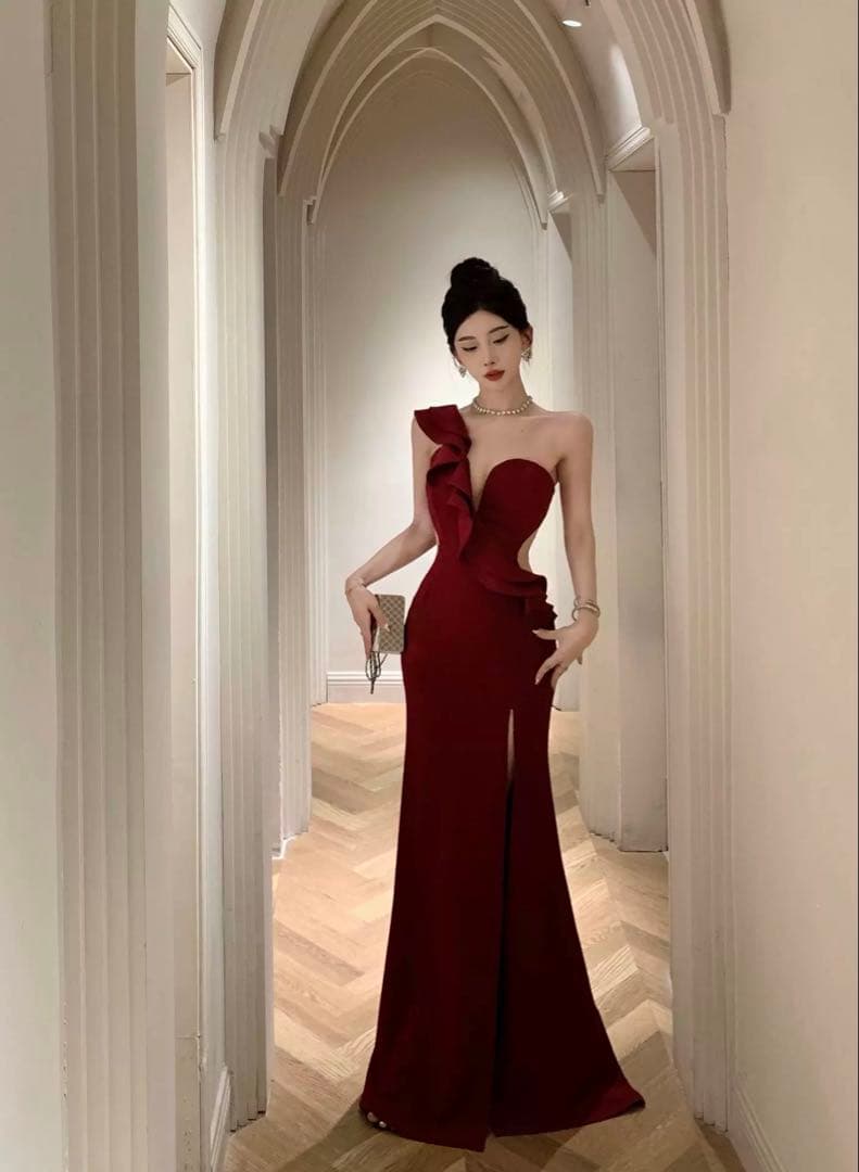 肩出し艶ベロアロングドレス✨セクシーパーティー向け
