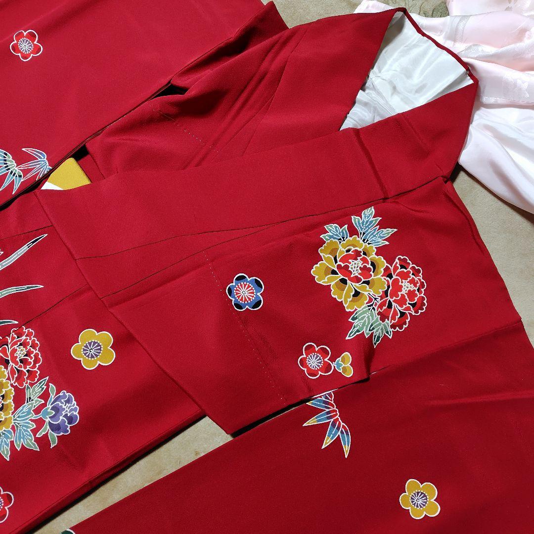 正絹 紅型調赤振袖＆長襦袢＆帯揚げ帯締めセット