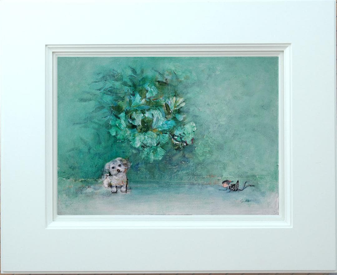 油絵 菅家令子 絵 絵画インテリア額付(白) uF6-071719 子犬と蟻さん