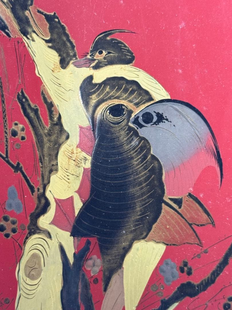 骨董お盆 漆器 朱地 木製 時代もの　古民具 鳥 アンティーク レトロ