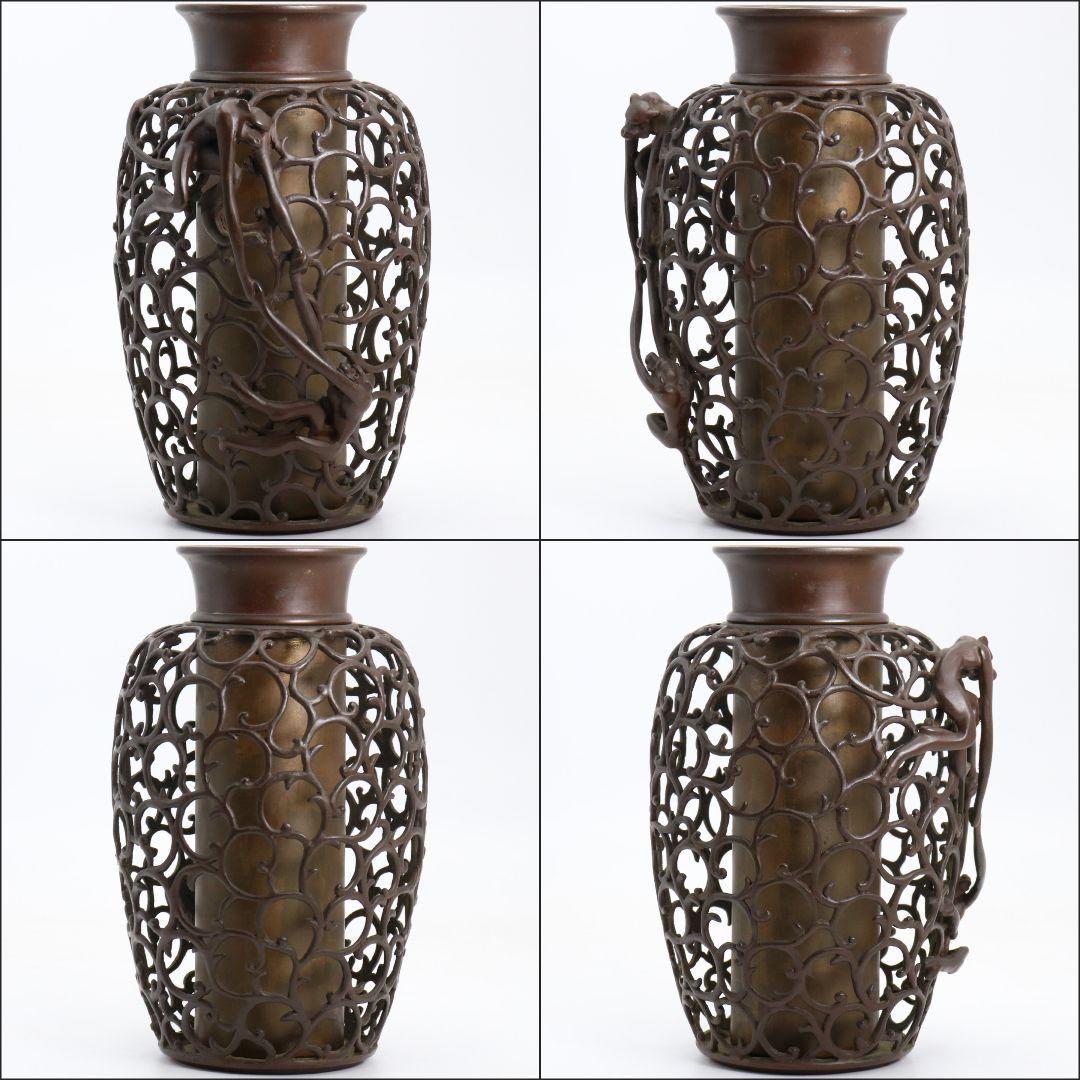 鋳師 金森浄栄作 鋳銅 蝋型 猿文 壷 花入 高岡銅器 共箱　AL826