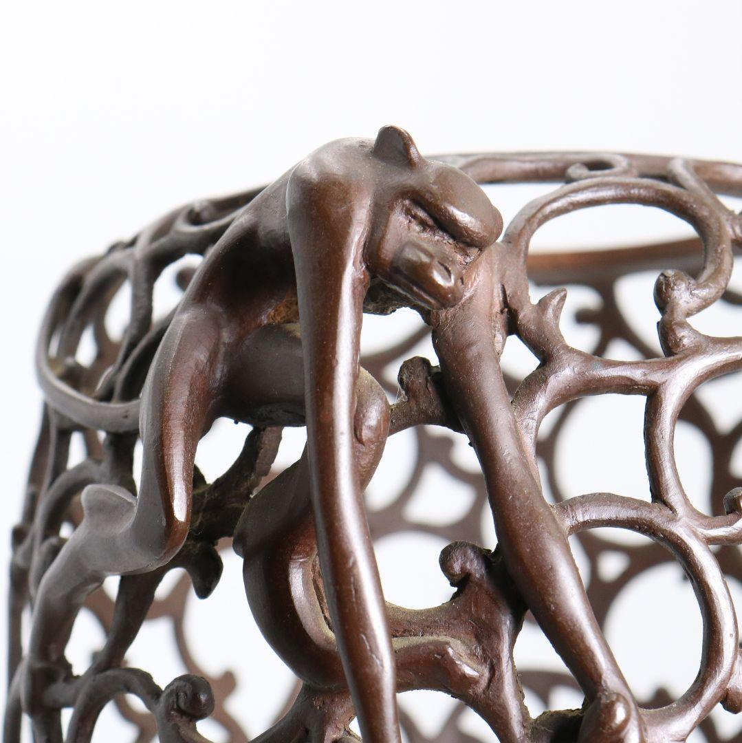 鋳師 金森浄栄作 鋳銅 蝋型 猿文 壷 花入 高岡銅器 共箱　AL826